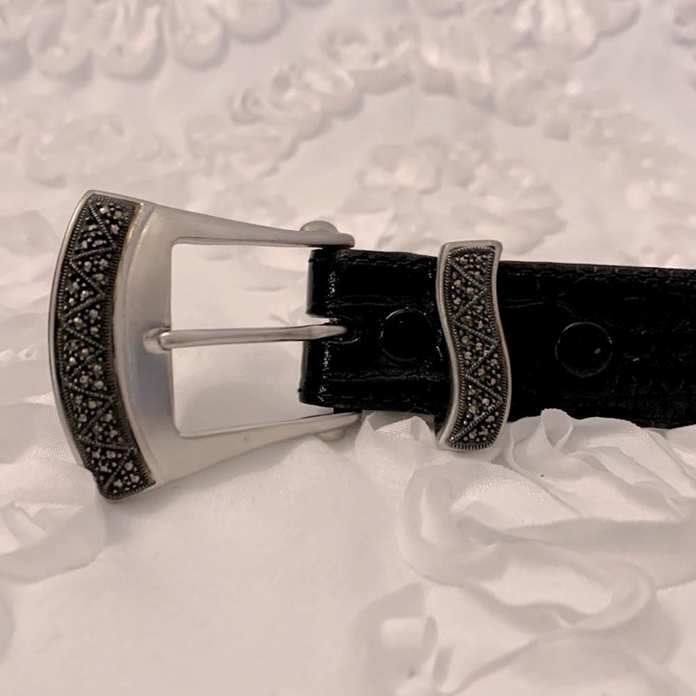 Judith Jack Marcasite Vintage Leather Black Mock Croc Belt USA Small